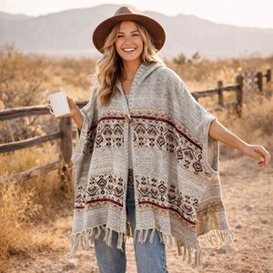 InSeparable Oversized Hooded Fringe Poncho Sweater Large Boho Western Fair Isle